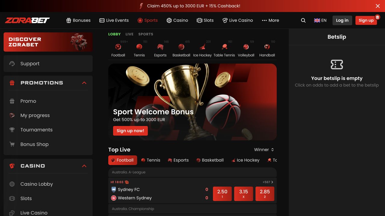 Zora.bet · Спортни пазари · английски интерфейс